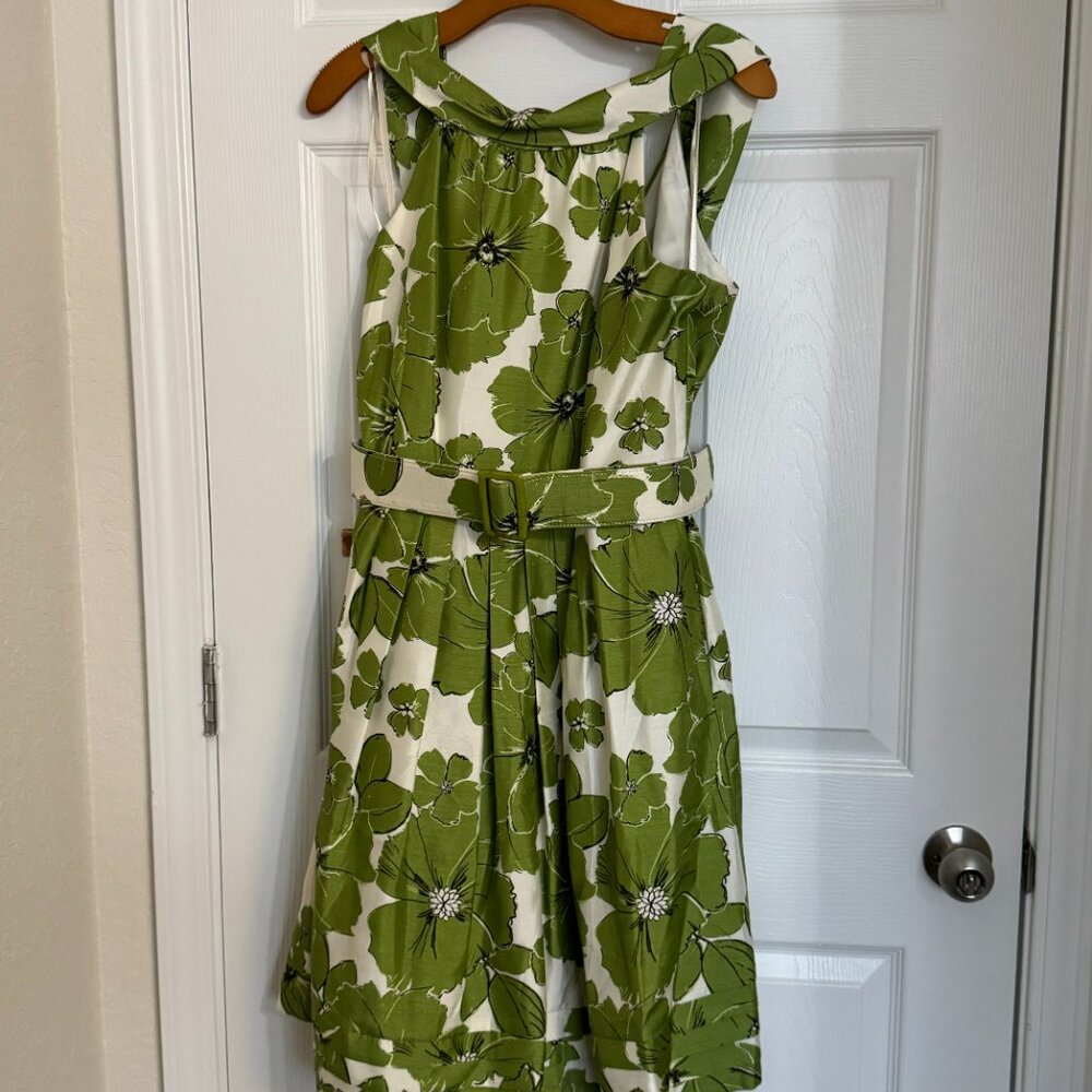 Jessica Howard Green & White Floral Belted Fit & Flare Dress Size 14